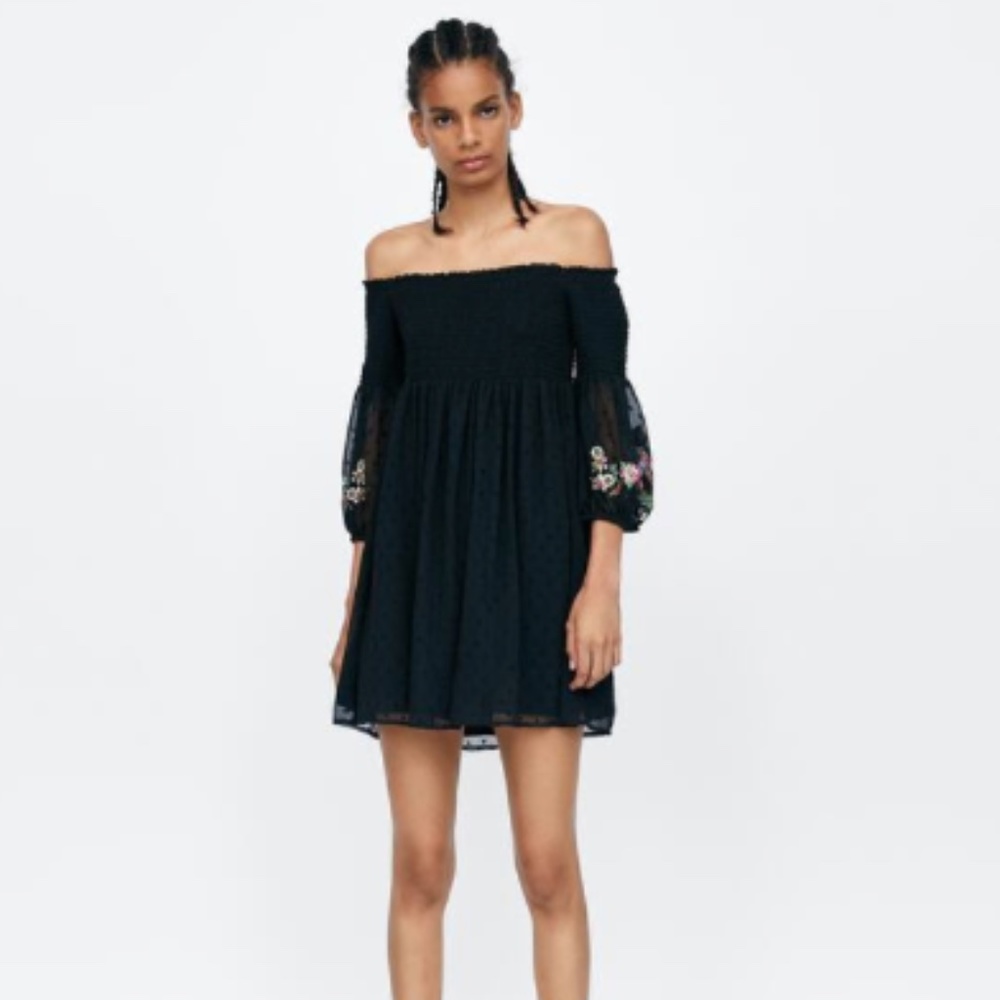 Zara Off the Shoulder Black Mini Dress with Floral Design